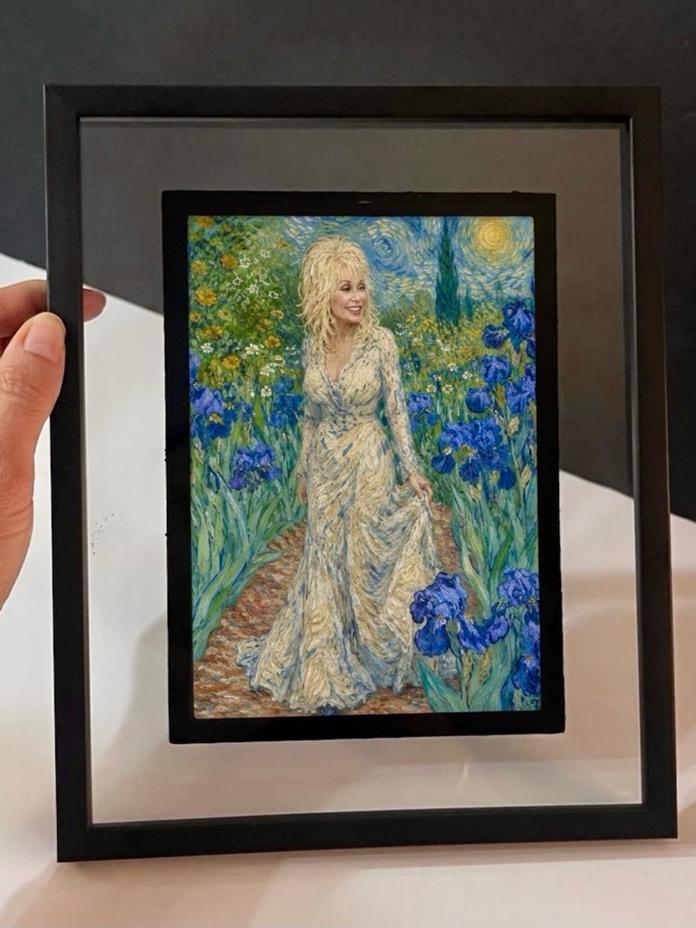 Dolly Parton "Starry Night" Print, Dolly Parton in Van Gogh garden Framed print